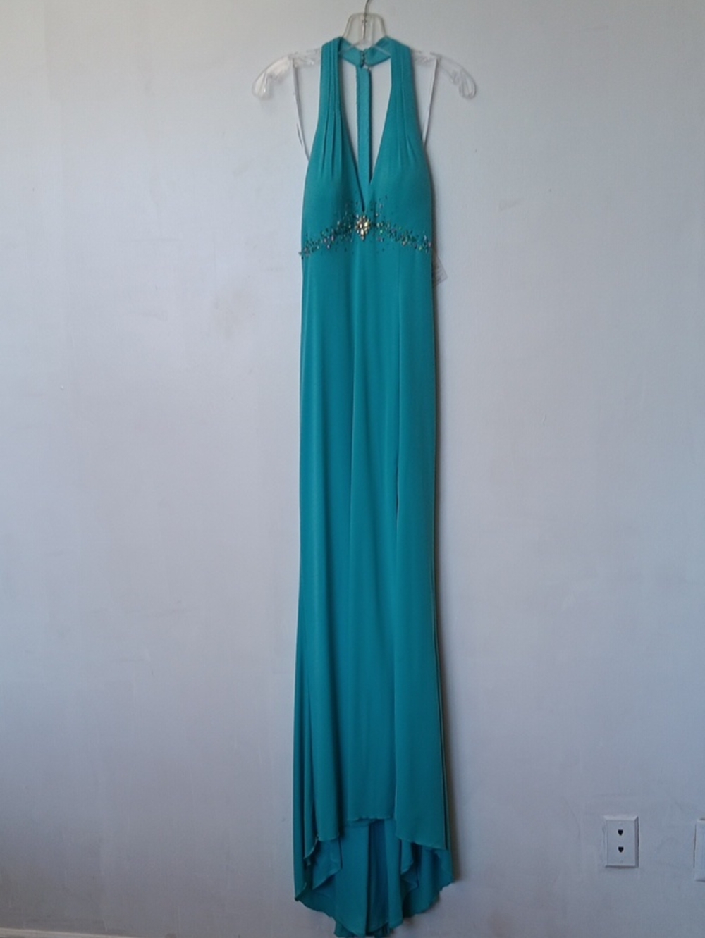 Vintage Turquoise Halter Maxi Dress with Beaded Waist